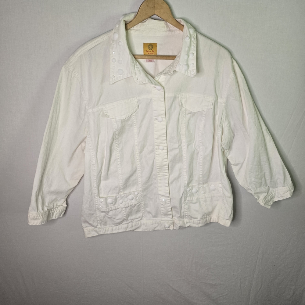 Ruby Rd Plus Size 22W White Beaded Denim Jacket